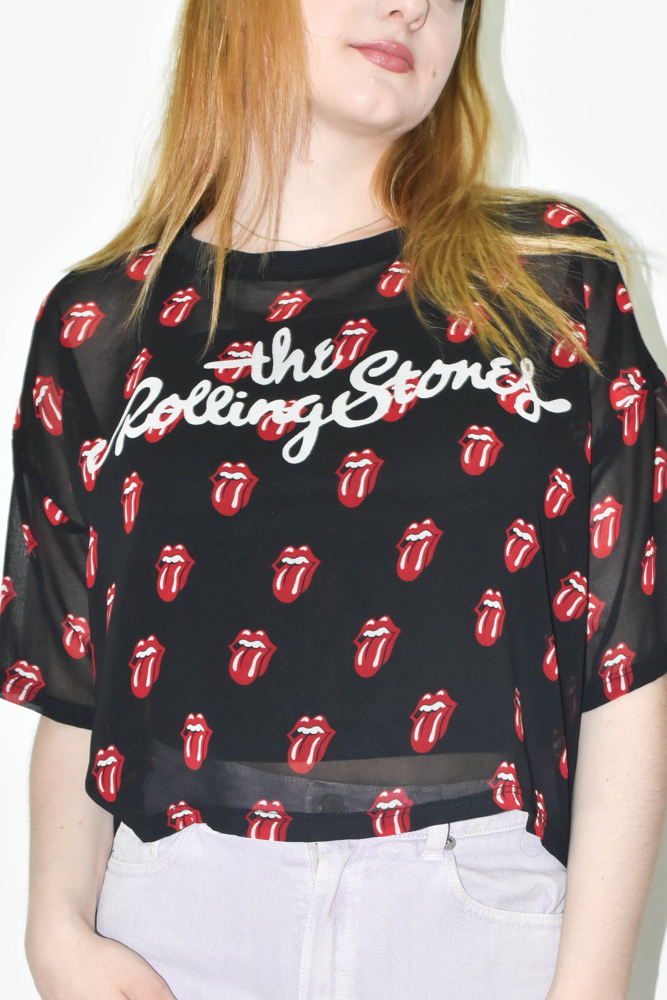 BERSHKA - Blusa Transparente Estampado Rolling Stones