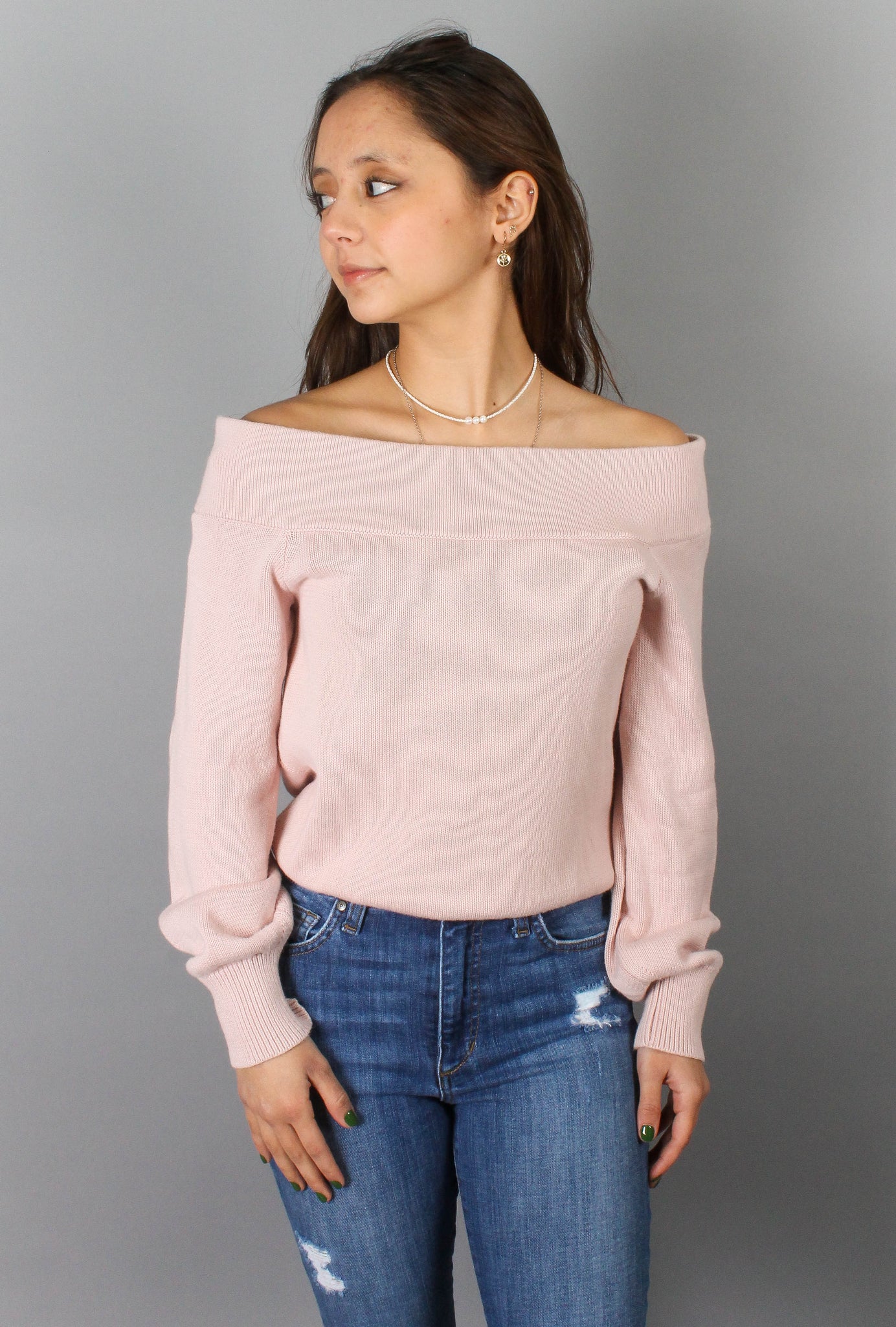 DIVIDED EXCLUSIVE - Sueter Rosa Pastel Tejido Off Shoulder